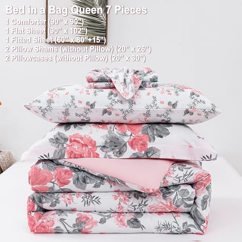 Image of lasoftan Floral Queen Comforter Set with Sheets, 7 piece Luxury Vintage Bedding, Soft Microfiber Bed in a Bag, Cozy Lightweight Bed Set, Pink Flower Grey Leaf