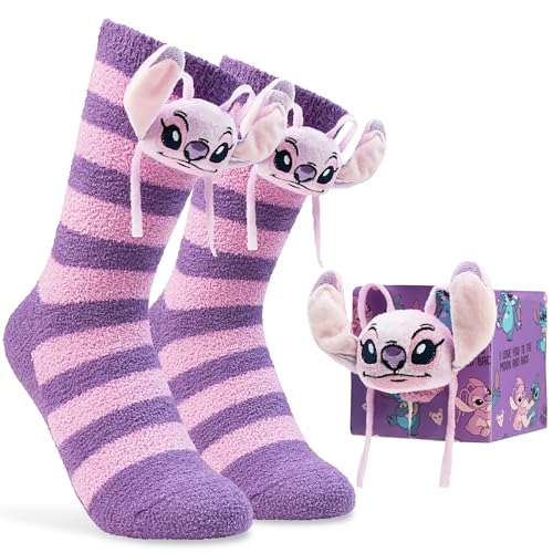 Disney Stitch Chaussettes Chaussons Femme Ado Angel EU 35-41, Polaire Détail 3D, Chaussettes Antidérapantes, Idée Cadeau (Violet Angel)