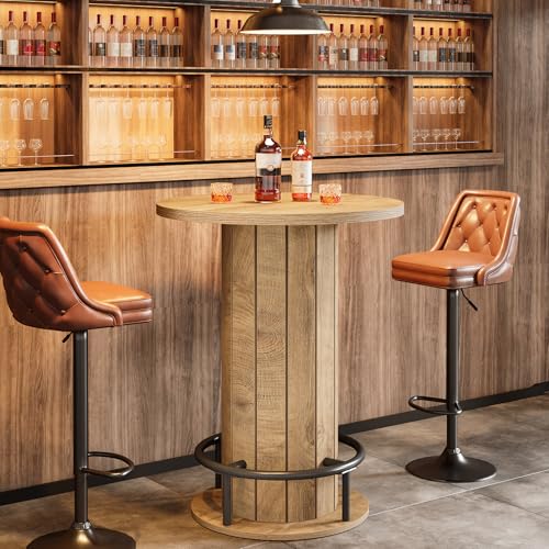 Image of Tribesigns Small Round Dining Table, Bar Height Circle Kitchen Table with Footrest, for Small Spaces, Dining Room, Bar, Bistro, Pub, Brown (Only Table)