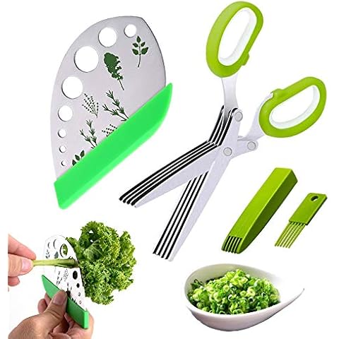 Herb Scissors Herb Stripper Tools Kits 5-Blades Stainless Steel Scissors with Kitchen Herb Stripping Tool, Safe Cover, Cleaning Comb Multipurpose Kitchen Chopping Shear, Mincer Cover