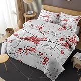 Pinbeam Floral Japanese Chinese Bedding Set for Boys Girls Bedroom Decor, Cherry Blossom Flower Comforter Set, Kids Adult Toddler Bedroom Quilted Duvet and 2 Pillow Shams (Queen)