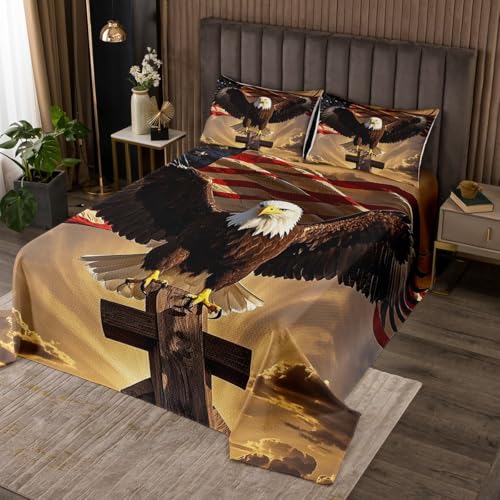 Erosebridal Eagle Quilt Set,American Flag Coverlet Set,Sea Eagle Standing On The Cross Bedspreads for Boys Girls 4Th of July Independence Day Bedding Sets Queen Size with 2 Pillowcases