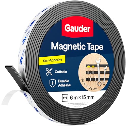 GAUDER Magnetic Tape with 3M Adhesive - Strong Self-Adhesive Magnet Strip - Cuttable Magnetic Tape Roll with Reliable Attraction & 3M Backing (6 m x 15 mm)