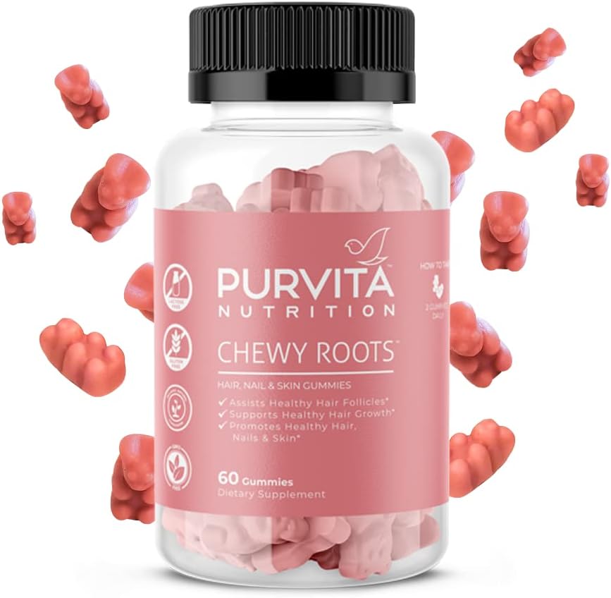 Purvita Nutrition Chewy Roots™ 5,000 mcg Biotin Gummies Supports Hair, Skin & Nails. Contains Vitamin A,C, D, E, B6, B12, B5-60 Count, Made in USA, GMO Free, Gluten Free, 100% Natural