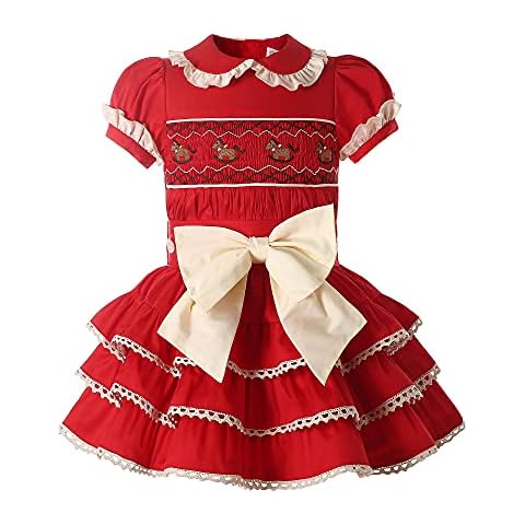 Ju petitpop Baby Girls Elegant Christmas Smocked Dress Size 6 9 12 18 24 Months Kids Red Smock Skirt Clothing Cover
