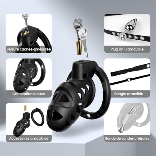 Male Chastity Cock Cage with Anal Butt Plugs, Adjustable Strap on Harness Chastity Belts Devices with 3 Sizes Rings, Penis Cage Adult Sex Toys with BDSM Bondage Gear Accessories - 2