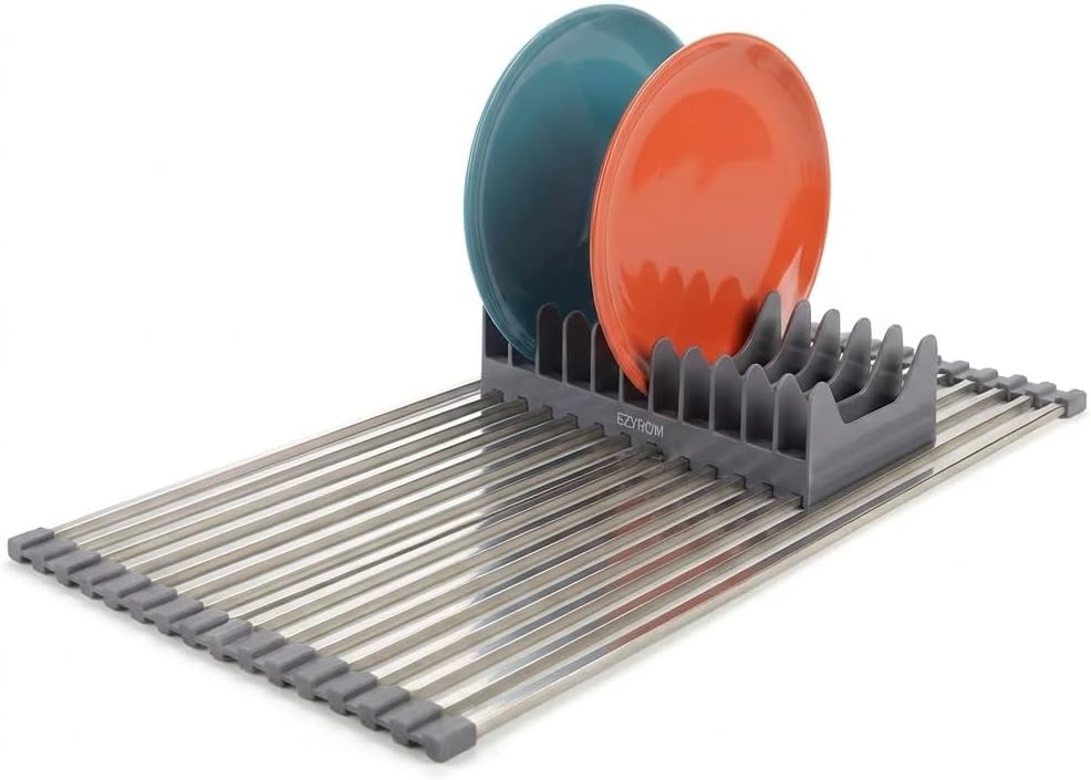 Large Aluminum Roll Up Dish Drying Rack (20.5" x 13") - Fits Sinks up to 19.5 Inches, Heavy Duty Square Bar, Rust-Proof & Heat Resistant with Removable Dish Holder (Purple Gray Large)
