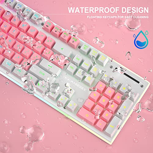 Magegee Wireless Gaming Keyboard, Rechargeable Rgb Led Backlit Quiet Keyboard With Sidelight & Metal Panel, V510 2.4G Wireless Ergonomic Waterproof Office Keyboard, White And Pink #TOP4