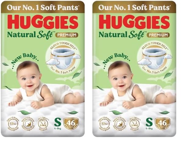 Image of Huggies Natural Soft Premium Baby Diaper Pants, Our No.1 Soft Pants, Small (S) Size (4-8 Kgs), Pack of 92 diapers | Cloud Softness All over with India's 1st Cloud Touch Belt