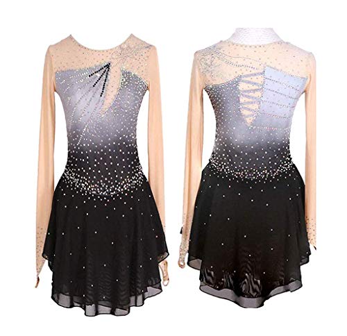 ZGDH Robe Patinage Artistique, Robe de Patinage Grise, Costume de compétition de Danse Haute élastique pour Filles, Robe à Manches Longues à la Main, Douce, Confortable et Respirante Cover