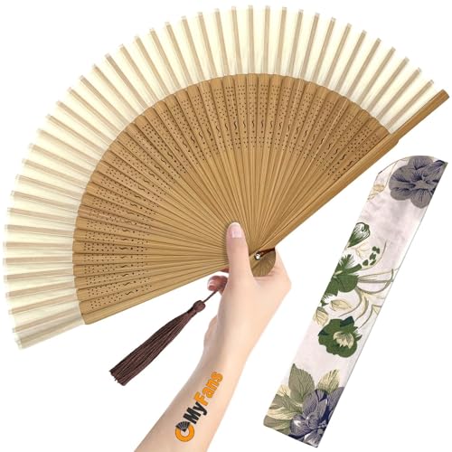 OMyFans Hand Fan for Women Foldable - Folding Chinese Japanese Vintage Bamboo Silk Fan - Ideal for Hot Flashes Church EDM Festivals Dancing and Gifts (Bamboo-White)