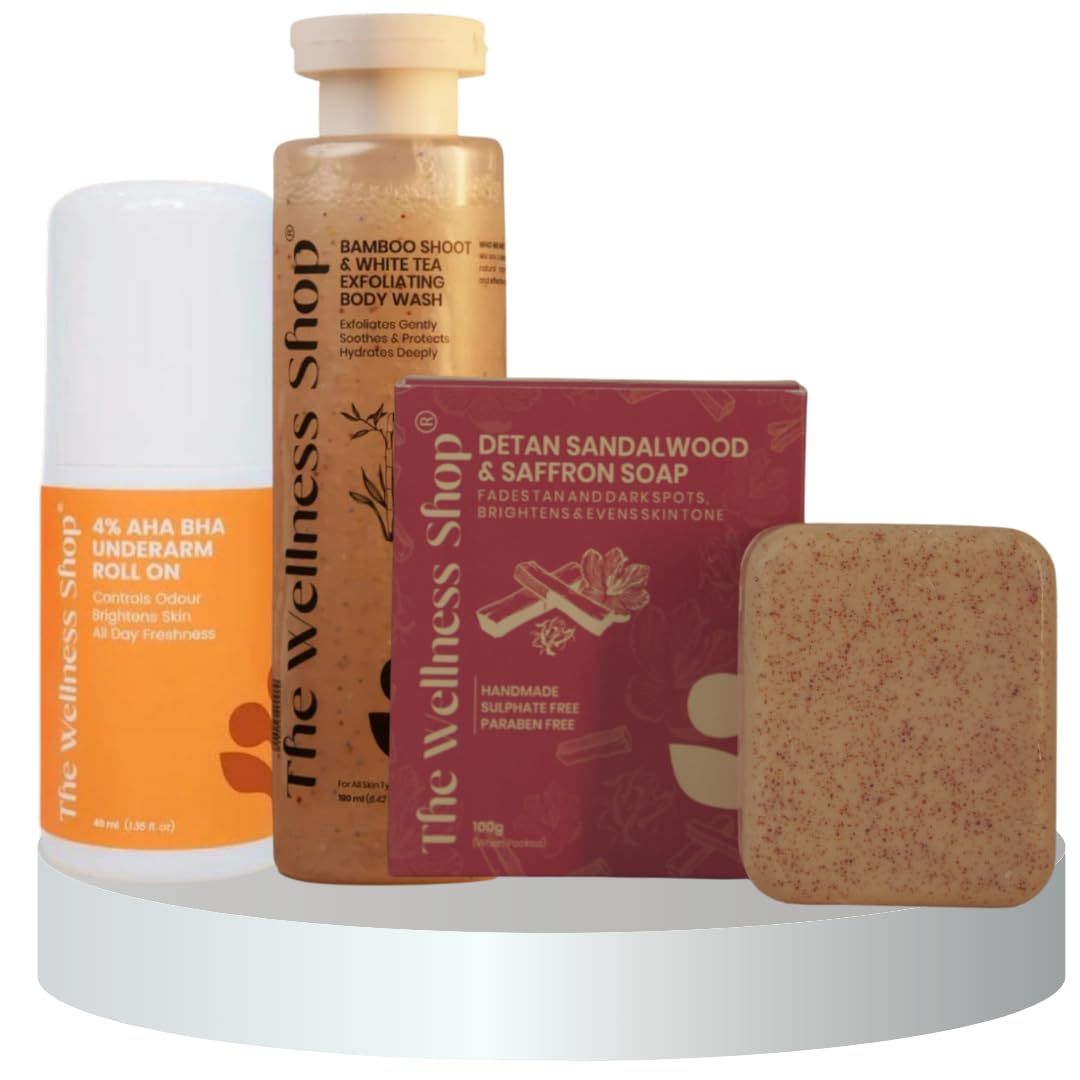 The Wellness Shop Combo 4% AHA BHA Underarm Roll On- 40ml with Bamboo Shoot & White Tea Exfoliating Body Wash (190ml), Detan Sandalwood & Saffron Soap (100gx 1pc) | Odour Control & Deep Cleansing-picture-17