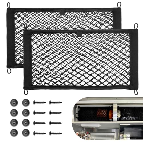 RED WOLF 2 Pcs Small Cargo Net Pocket Elastic Mesh Netting Car Mesh Pouch for Trunk RV Boats Home Cargo Storage with Screws and Hooks (17.7 x 9.8)