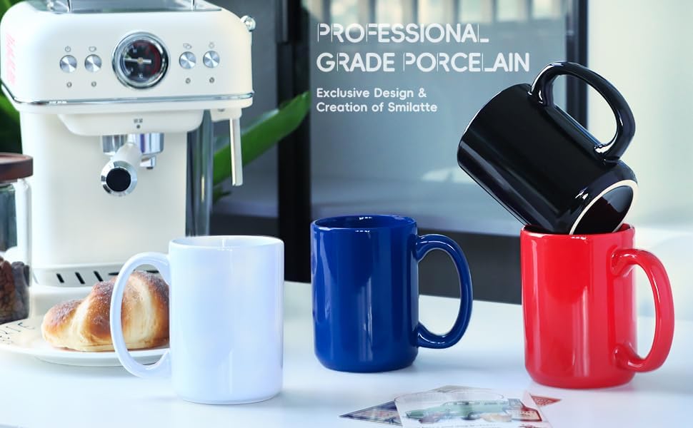 Smilatte 16 OZ Porcelain Coffee Mug, Classic Blank Ceramic Cup with Large Handle for Tea Latte Cappuccino, Black - Image 7