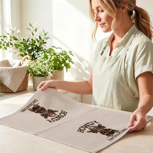 Image of 2 Pcs Western Dachshund Kitchen Towels 24x14 Inch, Preppy Cowboy Dachshund Gifts Reusable Dish Towels for Kitchen Decor, Waffle Weave Absorbent Hand Cloth Tea Towel, Weiner Dog Gifts for Women Friend