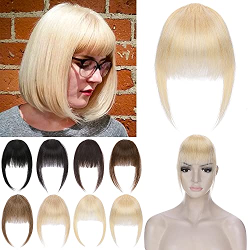 S-noilite Clip in Bangs Human Hair Chic Short Bangs with Temples One Piece Hairpiece Real Hair Baby Bangs Hair Extension Clip on Flat Neat Bangs for Women (Bleach Blonde)