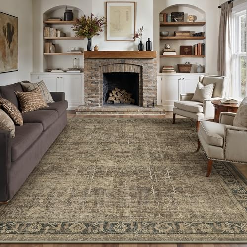 8x10 Washable Area Rug for Living Room Bedroom Vintage Beige Non Slip Carpet Traditional Retro Soft Low Pile Large Throw Rug for Dining Room Kitchen Office Indoor 8' x 10' (Rectangular) Beig