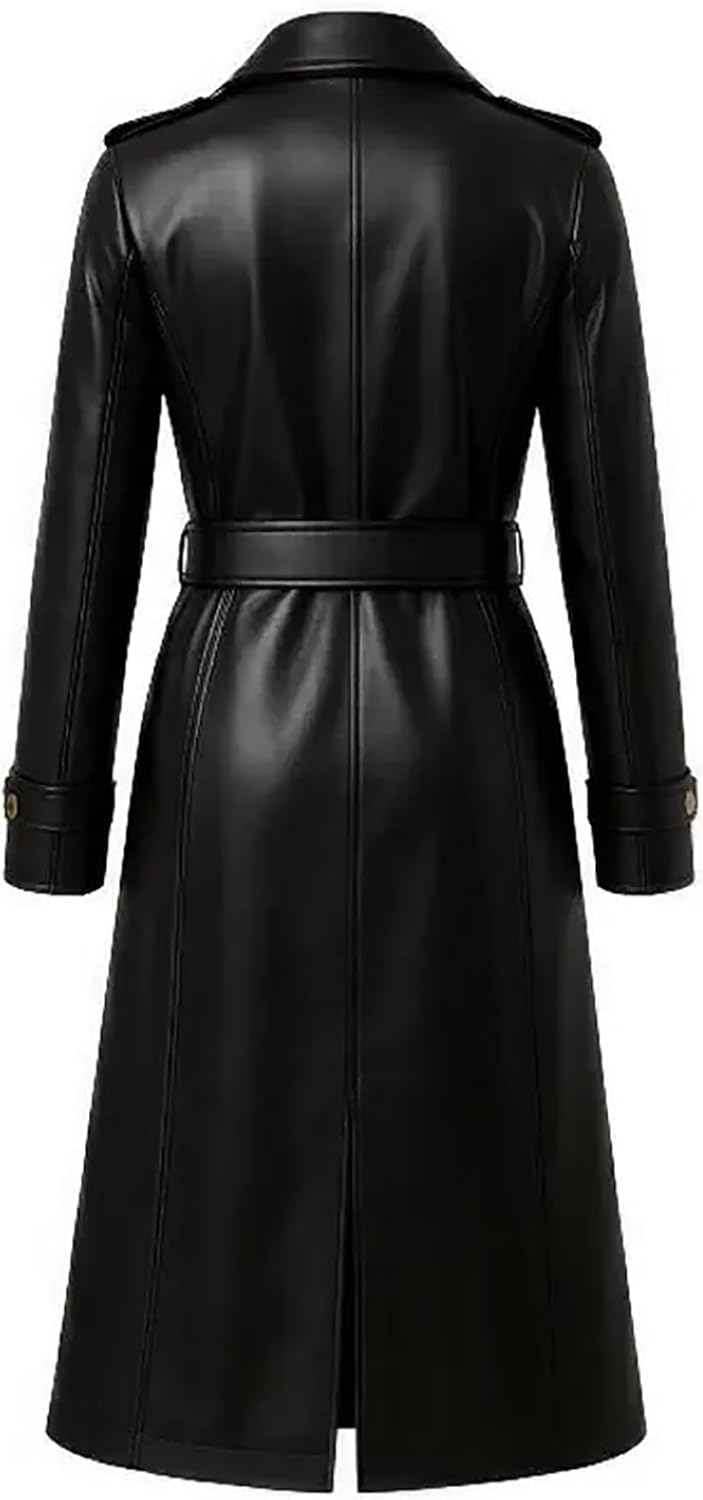 Women’s Black Real Leather Trench Coat with Gold Buttons – Luxury Double-Breasted Belted Long Coat