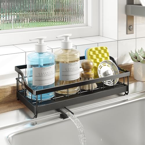 SWTYMIKI Sponge Holder for Kitchen Sink - Sink Caddy with Auto Draining Tray Durable, Stainless Steel Kitchen Sink Organizer, Large Capacity for Dish Soap, Sponges, Brushes on Countertop for Black