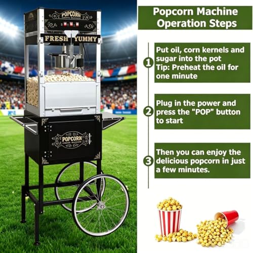 Image of 24Oz Commercial Popcorn Machine With Wheels - Stainless Steel Kettle Vintage-Style Popper Cart On Wheels With Tempered Glass Pop-corn Machine Maker For Home, Parties, Movie Theater (Black, 24oz) | 24OZ Stainless Steel Kettle, Tempered Glass Professional Pop Corn Maker, Large Capacity for Home Cinema, Christmas Gathering