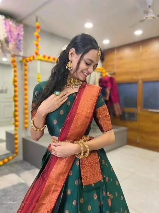 Image of ZITON ARICO MART Women's Indian Traditional Kanjivaram Silk Pure Weaving Lehenga Choli Along With Dupatta And Blouse Piece, Half Saree (Unstitched)