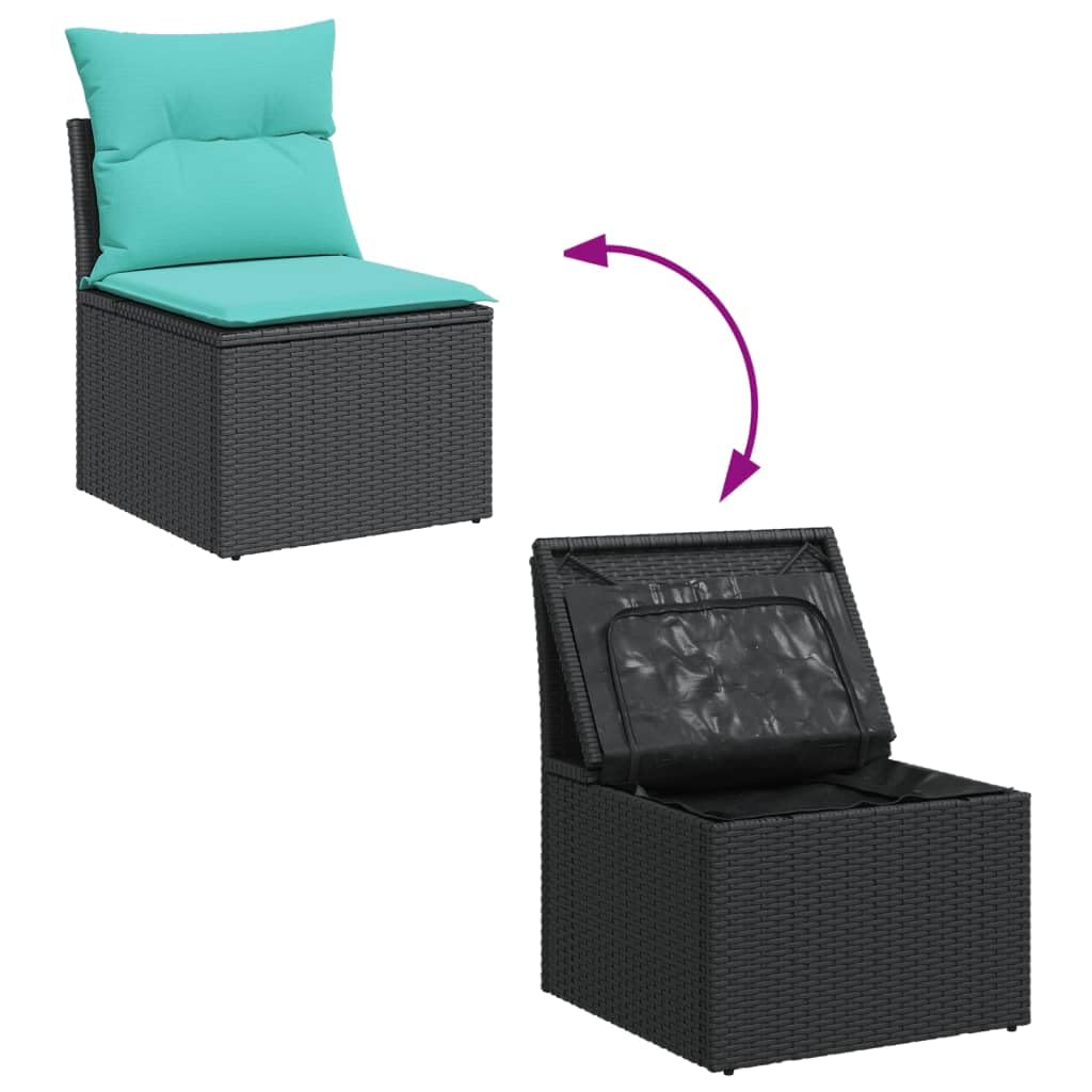 Set di 10 divani da giardino in polyrattan nero con tavolo | Salotto modulare in rattan per balcone, terrazza e giardino: con pratico vano portaoggetti sotto le sedute e tavolo in legno