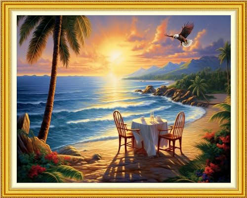 Image of Funchey Stamped Cross Stitch Kits, DIY Cross Stitch Pattern for Adults Beginners Needlepoint Kits Embroidery Kit Arts and Crafts 11CT-Seaside Scenery 16x20 inch