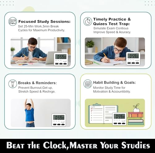 Image of GLUN Digital Stopwatch & Countdown Timer | Large LCD Display, 24Hr Clock, Loud Alarm | Magnetic Back, Retractable Stand & Hanging Hole | Study, Kitchen & Cooking Timer (Black)