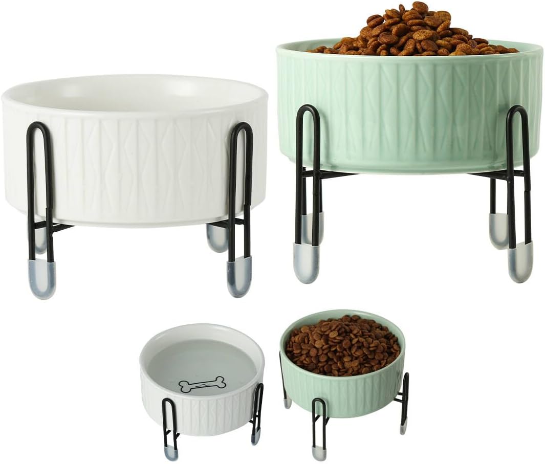 TAMAYKIM 32 oz Ceramic Dog Cat Bowl with Separate Elevated Metal Stand, 3 Adjustable Height 4 Cups Porcelain Pet Feeder Food & Water Bowls Set Non-Slip for Big Cats, Small Medium Dogs, White & Green