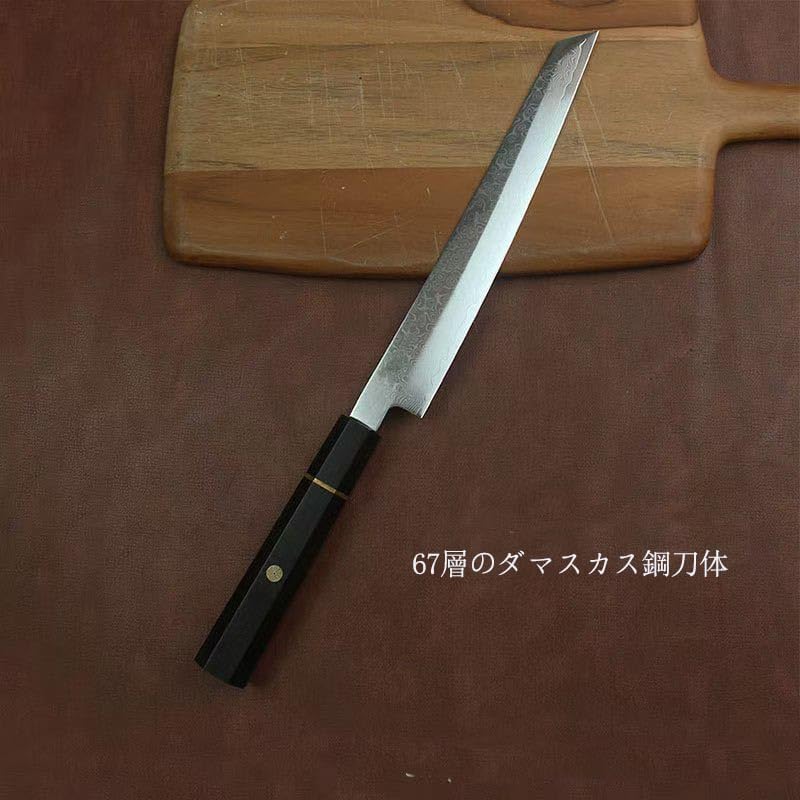 Japanese Damascus VG10 Steel Sashimi Knife, 9.3-inch Blade, Black Ebony Octagonal Handle, Fish Slicing