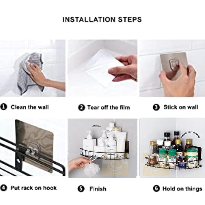 Image of Corner Bathroom Shelf Organizer - Rustproof Wall Mounted Shower Caddy Rack with Strong Adhesive, No Drilling, Black Metal Storage for Shampoo, Soap, Toiletries & Kitchen Use (1)