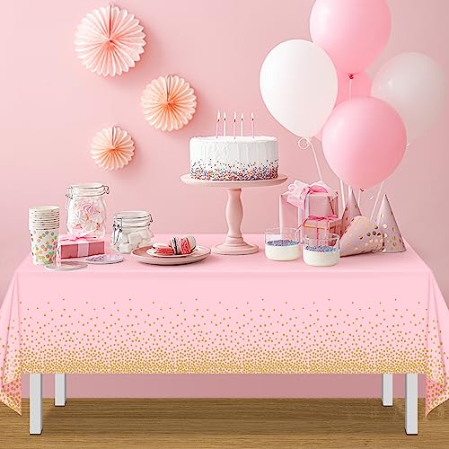 Image of FunnyPars 4 Pack Pink and Gold Plastic Tablecloth for Parties, Pink Disposable Table Cloth for Rectangle Tables, Gold Dot Confetti Light Pink Tablecloth for Birthday Wedding Baby Shower Party, 54x108
