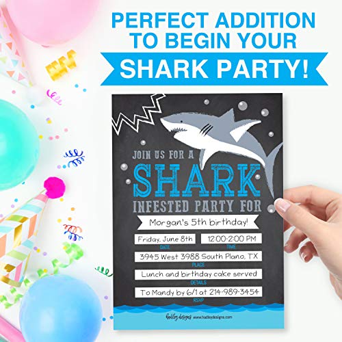 Image of Hadley Designs Kids Birthday Invitations For Boys Shark Theme - 25 Shark Birthday Party Invitations For Boys, Sea Creature Invites For Boy, Cute Ocean Party Supplies, Made In USA
