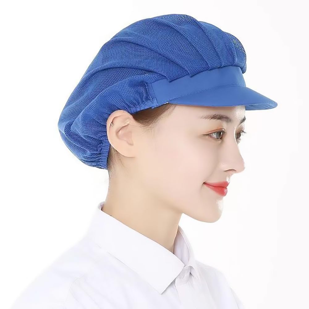 POFET 2pcs Chef Waiter Mesh/Cotton Cap Restaurant Kitchen Workshop Hair Net Cooling Reusable Bouffant Adjustable Food Service Hair Hat Protective Snoods - Blue