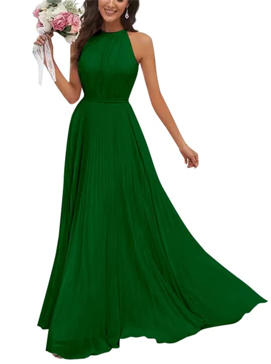 Wseyu Women's Emerald Green Halter Bridesmaid Dresses For Wedding Long A Line Chiffon Formal Evening Gown 2023 Uk12