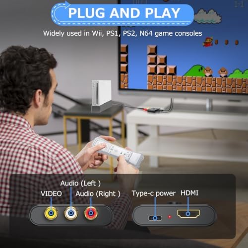 CAMWAY RCA to HDMI Converter with AV Cable - 16:9/4:3 Conversion 1080P AV to HDMI Adapter for Wii/PS1/PS2/N64/X-box/DVD/VCR,Composite CVBS Video Audio Converter with HDMI Cable Supports PAL,NTSC - 4
