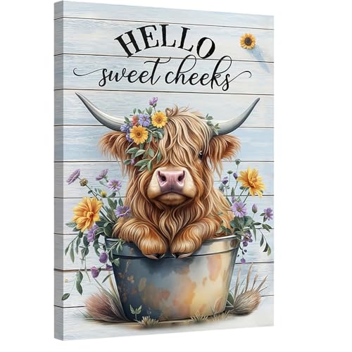 Brewlix Funny Bathroom Wall Art, Wood Framed Highland Cow Canvas, Waterproof Pictures for Bathroom Walls, Humor Highland Cow Pictures for Toilet, Bedroom, Kids Room (7.87 X 11.81)