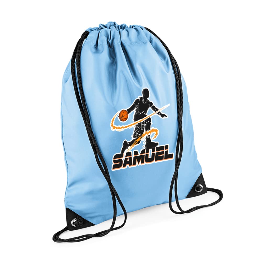 Personalised Basketball Player ANY NAME Sports Lover Gift for Men, Boy, Friend, Birthday present Drawstring Bag, PE Gym Kit Swimming, Sport Rucksack. (Sky Blue)