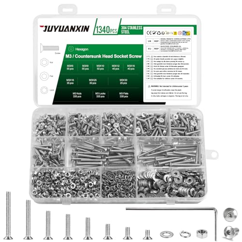 Image of 1340 Pcs M3 Countersunk Bolts and Nuts Sets, Flat Head Hex Socket Head Cap Screws Assortment Kit, Stainless Steel Countersunk Machine Screws Assorted Nuts and Bolts with Washers