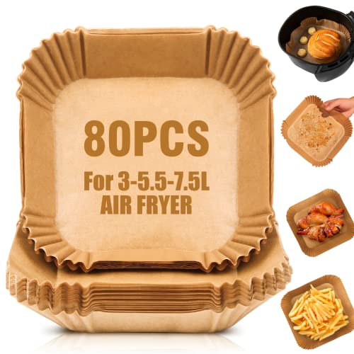 80 Pezzi Carta Forno per Friggitrice ad Aria 16-20-24cm Quadrata Air Fryer Paper Liners, Accessori Friggitrice ad Aria Applicabile a Microonde Airfryer Princess Cosori Xiaomi Ninja 3,5-5,5-7,5 litri