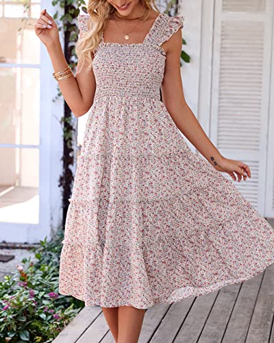 Btfbm Womens Summer Boho Smocked Beach Dresses Sleeveless Shoulder Strap Floral Flowy Tiered Party Midi Casual Sundress(Floral White, Small) #TOP2