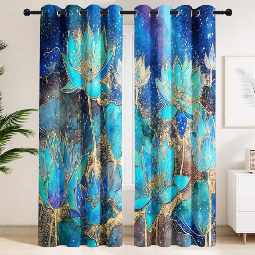 Cortina con Diseño de Fantasía En Acuarela, Aislantes Frío y Calor,100% Opacas Cortina Ojales, Flor De Loto Botánico Místico De Ensueño Cortina para Mujeres Jóvenes, 107x160 Azul Turquesa Dorado