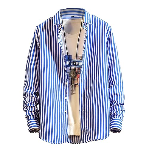[エアバイ] 長袖 5色展開 ストライプ シャツ メンズ オールシーズン 服 フォーマル セレモニー スーツインナー 衣装 襟付き 細め 前開き オシャレ お洒落 かっこいい 軽い アウトドア 海 ハワイ アメカジ ヒップホップ ビンテージ ヴィンテージ 風 ファッション 部屋着 ねまき 寝間着 寝巻き 寝巻 インナー 作業 作業用 縞柄 ストライプ柄 ｙシャツ 青 ブルー A081-2-BLM