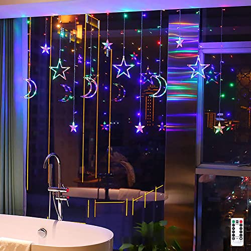 クリスマス 飾り イルミネーションライト LED 星 月 ストリングライト フェアリーライト 屋外 カーテンライト 電飾 クリスマスライト 星型 装飾ライト スタームーン LEDライト IP65防水 3.5m リモコン 8種類の切替モード 電池式 透明蛍光灯 間接照明 ウォームホワイトの光 クリスマス パーティー /バレンタインデー /学園祭/イベント/ アウトドア/ 結婚式/ 誕生日プレゼント/ 広場 / 街路樹装飾 / 雰囲気作り /庭対応 /玄関 /室内 飾りライト (カラフル, 星 月)