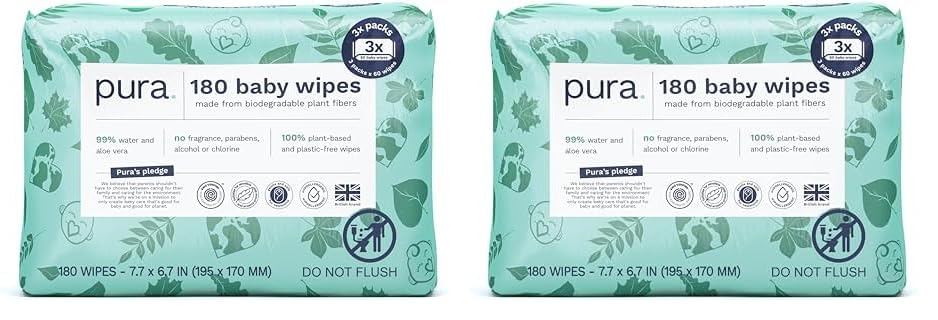 Image of Pura Baby Wipes 3 x 60 per pack (180 Wipes) 100% Plastic-Free & Plant Based Wipes, 99% Water, Suitable for Sensitive & Eczema-prone Skin, Fragrance Free & Hypoallergenic, EWG, Cruelty Free (Pack of 2)