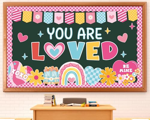 Valentine's Day Bulletin Board Decoration Set Happy Valentine's Day You are Loved Classroom Decorations Love Heart Rainbow Flowers Paper Cutouts for School Home Office Chalkboard Wall Door Decor