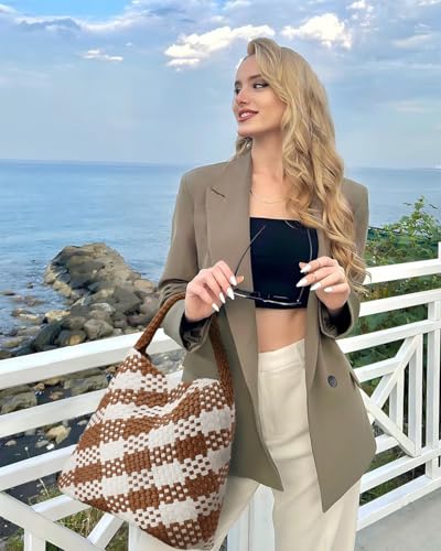 Image of Woven Tote Bag for Women, Fashion Woven Bags for Women Vegan Leather Shoulder Handbags Large Summer Beach Travel Bag