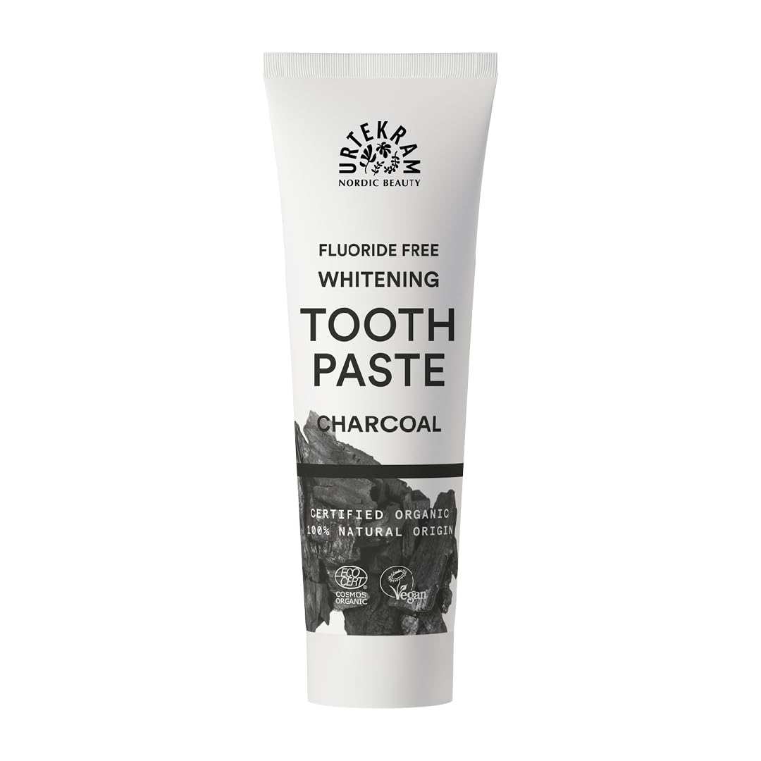 Urtekram Charcoal Toothpaste – Natural Fluoride-Free Toothpaste – Gently Whitening with Organic Aloe Vera & Myrrh – Vegan & Certified Organic – Fresh Breath, 75 ml