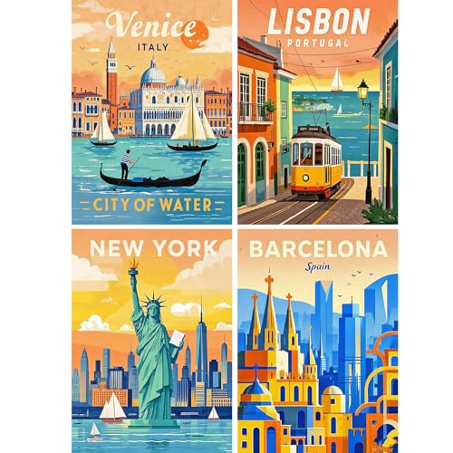 Pintura de diamantes para adultos de Venecia y Nueva York para decorar tu salón, juego de 4 pósteres