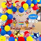 globo rojo pelicula mensaje 【KIT DE ARCO DE GUIRNALDA DE GLOBO DE CIRCO CARNAVAL】: 30 globos de látex azules (12''),30 globos amarillos de látex (12''),30 globos rojos de látex (12''),10 globos de confeti de colores mezclados (12''),5 globos azules (5''),5 globos amarillos (5''),5 globos rojos (5''),1 rollo de cinta dorada, 1 cadena de globos,1 pegamento de puntos.